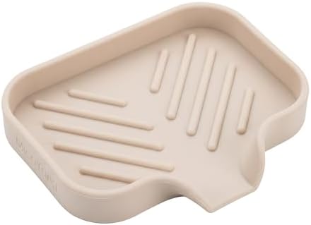 MicoYang Silicone Soap Dish with Drain Spout, Self-Draining Sink Organizer Tray for Bathroom and Kitchen, Sponges, Dispensers and Soap Holder, Non-Slip & Dishwasher Safe, Tapioca (Compact, 4.9"×3.2")