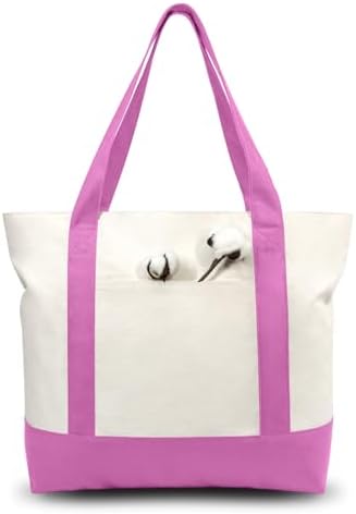 TOPDesign 6-Pack Canvas Tote Bags with an External Pocket, Reusable Grocery Shopping Bags, Top Zipper Closure, Daily Essentials (Light Purple/Natural)