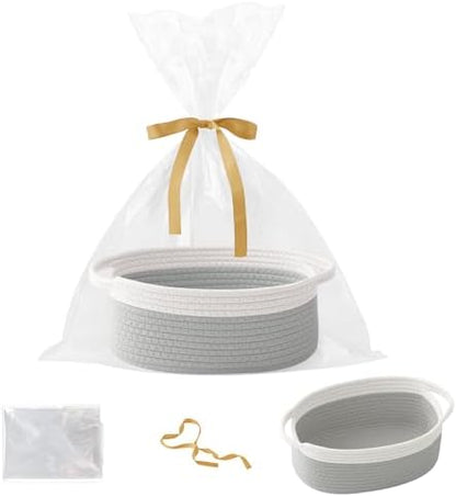 Woven Rope Basket - Baby Gift Basket with Bag & Ribbon, White&Grey