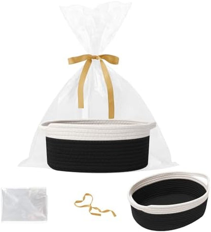 Woven Rope Basket - Baby Gift Basket with Bag & Ribbon, White&Black