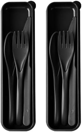 Travel Utensils with Case, 2 Sets Reusable Utensils Set with Case, Wheat Straw Utensils for Lunch Box Accessories, Camping Utensil Set for School Work Lunch or Daily Use（Black）