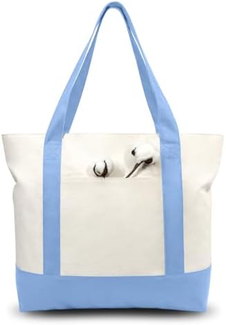 TOPDesign 1-Pack Canvas Tote Bag with an External Pocket, Reusable Grocery Shopping Bag, Top Zipper Closure, Daily Essentials (Light Blue/Natural)