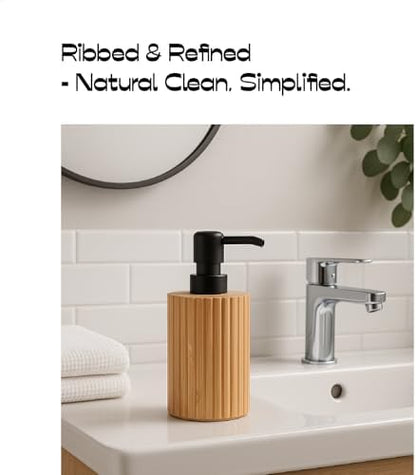 Ribbed Bamboo Soap Dispenser, Natural Finish Black Pump 2 Pack