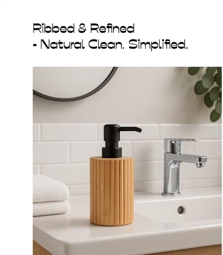 Ribbed Bamboo Soap Dispenser, Natural Finish Black Pump 7 oz