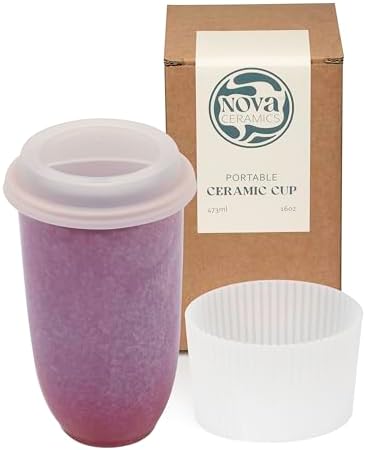 NOVA CERAMICS Coffee Travel Mug – Cup Holder Friendly Travel Mug– Microwave & Dishwasher Safe White & Purple Tumbler - Coffee Mug Fits In Cup Holder – 16oz – Astral Bloom