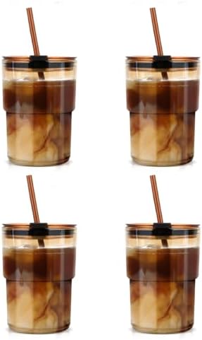 Luxfuel 13 oz Glass Cups with Lids and Straws Reusable Iced Coffee Tumbler