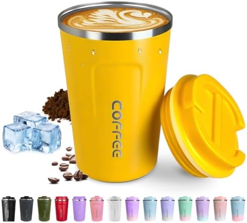 SPLMIFA Travel coffee mugs leak-proof, reusable coffee cup with lid, stainless steel vacuum insulated coffee tumblers, thermal insulation cups for men & women keep drinks hot & cold (2nd-Yellow, 17OZ)