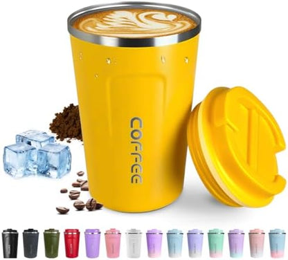 SPLMIFA Travel coffee mugs leak-proof, reusable coffee cup with lid, stainless steel vacuum insulated coffee tumblers, thermal insulation cups for men & women keep drinks hot & cold (2nd-Yellow, 17OZ)