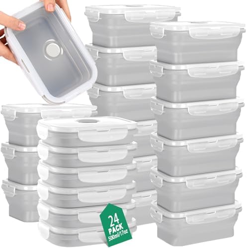 Hushee 24 Pcs Silicone Collapsible Food Storage Containers 17 oz Collapsible Snack Containers with Lid Vent Airtight Meal Prep Bento Lunch Box, Microwave Dishwasher Safe(Gray)