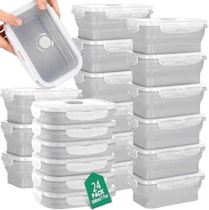 Hushee 24 Pcs Silicone Collapsible Food Storage Containers 17 oz Collapsible Snack Containers with Lid Vent Airtight Meal Prep Bento Lunch Box, Microwave Dishwasher Safe(Gray)