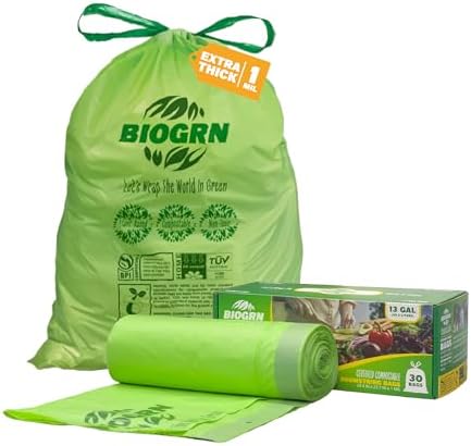 10-13 Gallon Compostable Trash Bags Drawstring 30 Bags Heavy Duty Extra Thick 1 Mil 49.21 Liter Biodegradable Trash Bags Compost Bags Green for Kitchen ASTM D6400 US BPI and OK Compost Home Certified