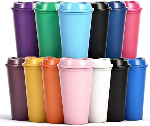 16oz Reusable Plastic Coffee Cups with Lids, 13 Pack, Colorful