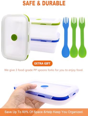 Collapsible Translucent Silicone Food Storage Containers With Lids, 3 Pack Foldable Bento Lunch Box, Reusable Medium Meal Boxes for Kitchen, Camping, BPA Free (40.6 OZ+40.6 OZ+27 OZ)