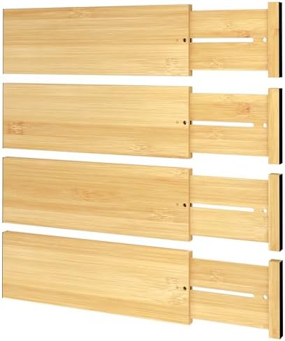 BAMEOS Bamboo Expandable Drawer Dividers – Fits 12.2"–17" Drawers, 4" Extra Deep Walls, Set of 4 | Tall Spring-Loaded Separator for Baby Dresser, Sock Drawer & Bathroom Cabinet