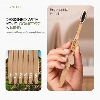 Bamboo Toothbrushes Soft Bristles 6 Pack - BPA Free Bristles Toothbrushes Teens and Adults - Eco-Friendly, Natural Wooden Toothbrush (Light Brown, Black, White).
