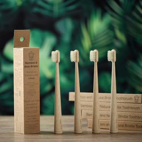 Gaia Guy Bamboo & Boar Bristle Toothbrushes – 4 Pack | Natural Boar Bristles | Plastic-Free, Standing Handle | Minimalist, Low-Waste Oral Care