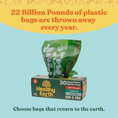 Healthy Earth 13 Gallon Compostable Drawstring Trash Bags, 1.13 Mil Extra Thick Tall Kitchen Liners (49.2 L), Heavy Duty Leak-Proof Food Scrap Bags, BPI & TÜV OK Compost Certified, 30 Count