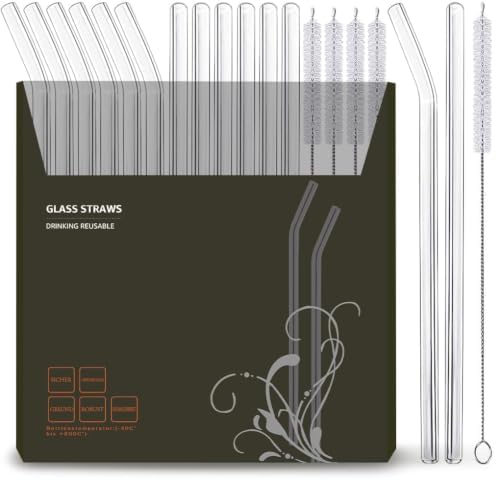 16 Pack Reusable Glass Straws, 6 Straight and 6 Bent with 4 Cleaning Brush