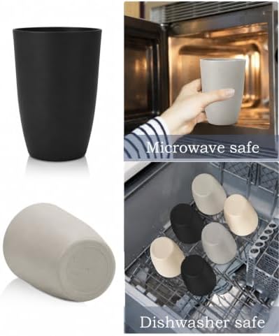 Wrova Wheat Straw Cups 6 PCS, 20 oz Plastic Cups Reusable Kitchen Cups, Dishwasher & Microwave Safe Large Coffee Cup, Unbreakable Water Plastic Glasses- Black & Gray
