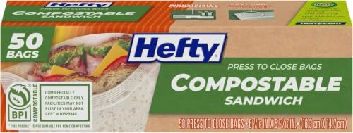 Hefty Compostable Sandwich Bags Press-to-Close | Expandable Bottom | Plant-Based Material | BPA Free | 50 Count, Pack of 12