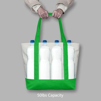 TOPDesign 6-Pack Canvas Tote Bags with an External Pocket, Reusable Grocery Shopping Bags, Top Zipper Closure, Daily Essentials (Lime Green/Natural)