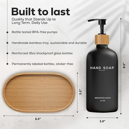 Black Glass Hand and Dish Soap Dispenser Set by Brighter Barns - Kitchen Soap Dispenser Set with Tray - Bamboo Pump Bottles for Kitchen Sink - Boho Modern Home Decor, Neutral Home Accessories (Black)
