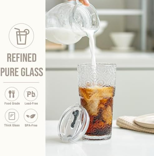 SoulTimes 20oz Begonia Flower Glass Tumbler with Bamboo Lid and Straw–Iced Coffee Glasses Cups for Smoothie, Matcha, Juice, Water etc. Leakproof and Reusable Glassware Drinking for Travel To Go [2Pcs]