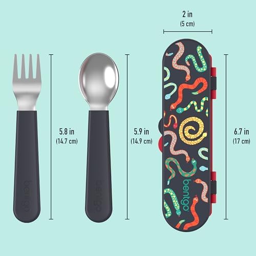 Bentgo Kids Stainless Steel Utensil Set - Reusable Fork, Spoon & Storage Case, PFAS- & BPA-Free, Easy-Grip Handles, Lightweight, Dishwasher Safe, School Lunch, Travel & Outdoors (NEW Sssnakes)