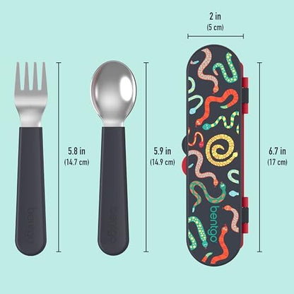 Bentgo Kids Stainless Steel Utensil Set - Reusable Fork, Spoon & Storage Case, PFAS- & BPA-Free, Easy-Grip Handles, Lightweight, Dishwasher Safe, School Lunch, Travel & Outdoors (NEW Sssnakes)
