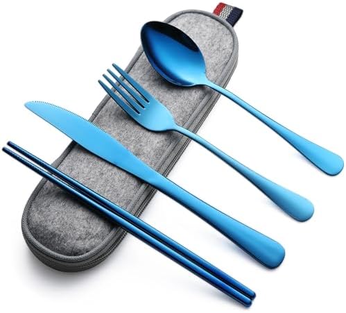 DEVICO Travel Utensils with Case, 5 Piece Portable Silverware Set for Work