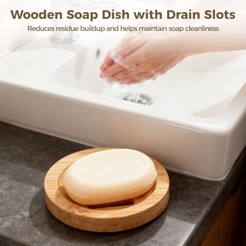 12 Pcs Round Wooden Soap Dishes, Wooden Soap Holders with Ventilation Holes, Soap Trays for Bars, Natural Color, Ideal for Bathroom and Kitchen Use