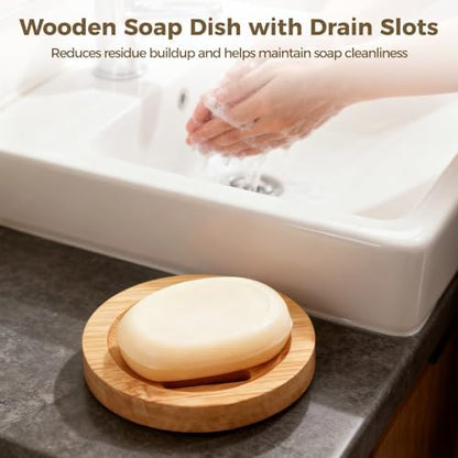 12 Pcs Round Wooden Soap Dishes, Wooden Soap Holders with Ventilation Holes, Soap Trays for Bars, Natural Color, Ideal for Bathroom and Kitchen Use