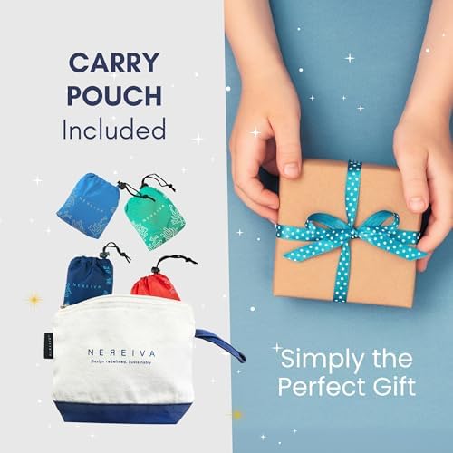 4 Pack in a Carry Pouch, Large Foldable Reusable Grocery Shopping Tote Bags