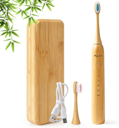 Sonic Electric Bamboo Toothbrush 2 Bamboo Heads with Castor Oil Bristles