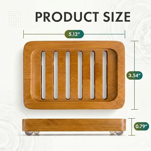Bamboo Soap Dish with Drainage, 2 Pack Slotted Self Draining Bar Soap Holder, Acacia Finish for Shower, Bathroom Sink & Kitchen Countertop