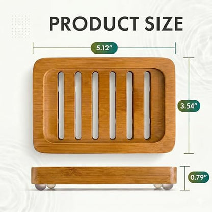 Bamboo Soap Dish with Drainage, 2 Pack Slotted Self Draining Bar Soap Holder, Acacia Finish for Shower, Bathroom Sink & Kitchen Countertop