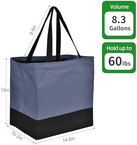 Canvas Reusable Grocery Bags Heavy Duty, 8.3 gal Foldable Large Tote Bag with Handles, Holds 60 lbs Canvas Shopping Bags, 3 Pack