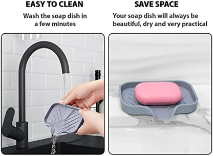 2 Pcs Grey Silicone Self Draining Rectangular Soap Dishes - Waterfall Soap Trays - Soap Dishes for Bar Soap - Soap Boxes - Soap Case - Soap Container - Soap Pads - Kitchen Sink - Shower - Bathroom
