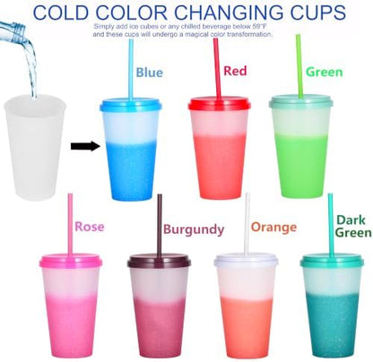 Color Changing Cups, 5 Pack 24oz Plastic Tumblers, Reusable Iced Coffee & Smoothie Cups with Lids and Straws for Parties and Travel (Bright, 24 Pcak)