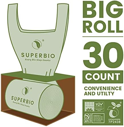 SUPERBIO 13 Gallon Handle Tie Compostable Food Waste Bags, 30 Count, 2 Pack