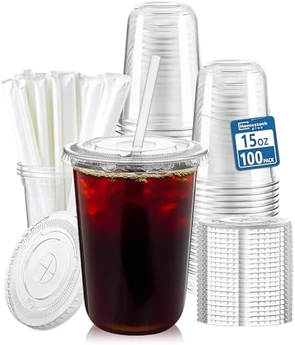 Homestockplus 15 oz Clear PET Plastic Cups with Lids and Straws - 100 Pack Leak-Proof Disposable Plastic Coffee Cups Iced Coffee Cups for Smoothies, Bubble Tea & To-Go Cold Drinks