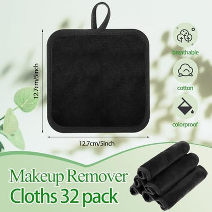 32 Pcs Makeup Remover Pads 5 x 5 Inch Soft Reusable Cloths, Black