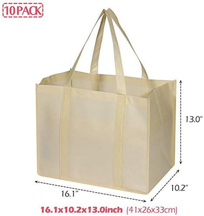 DIOMMELL 10 Pack Reusable Grocery Bags Extra Large Super Strong Heavy Duty Shopping Tote Bags with Reinforced Handles, Beige