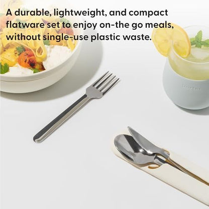W&P Porter Stainless Steel Utensils with Silicone Carrying Case | Cream | Spoon, Fork & Knife for Meals on the Go | Portable and Compact Set