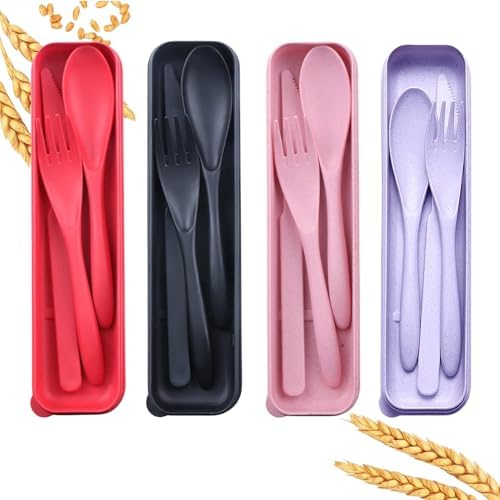 4 Pack Wheat Straw Cutlery, BPA Free Fork Spoon Knife with Storage Case