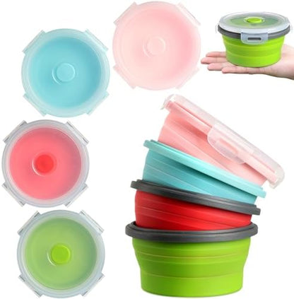 Suclain 4 Pcs Collapsible Bowls with Lids Silicone Camping Food Storage Container Expandable Folding Salad Lunch Box Travel Container for Hiking Camping