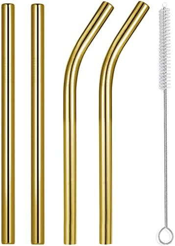 Vinaco 6 Pack Gold 0.4" Wide Bore Reusable Stainless Steel Smoothie Straws