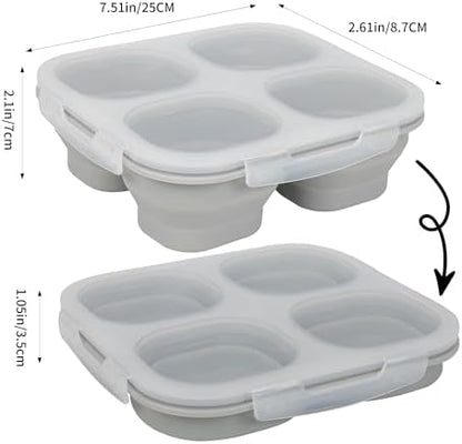 Collapsible Silicone Food Storage Container, 4-Compartment Snack Containers Portion Control with Clip-on Lid, Stackable, Space Saving, Microwave/Fridge/Freezer/Dishwasher Safe (3)