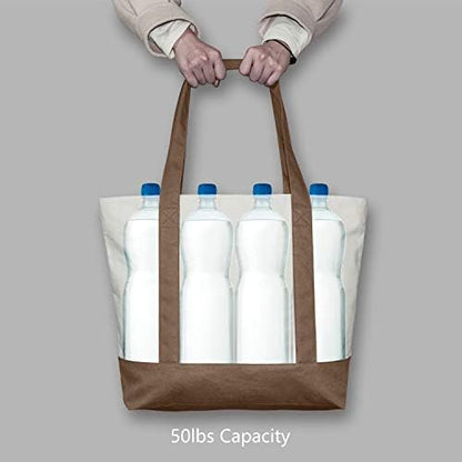 TOPDesign 3-Pack Canvas Tote Bags with an External Pocket, Reusable Grocery Shopping Bags, Top Zipper Closure, Daily Essentials (Brown/Natural)