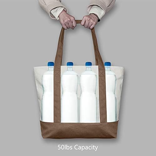 TOPDesign 1-Pack Canvas Tote Bag with an External Pocket, Reusable Grocery Shopping Bag, Top Zipper Closure, Daily Essentials (Brown/Natural)